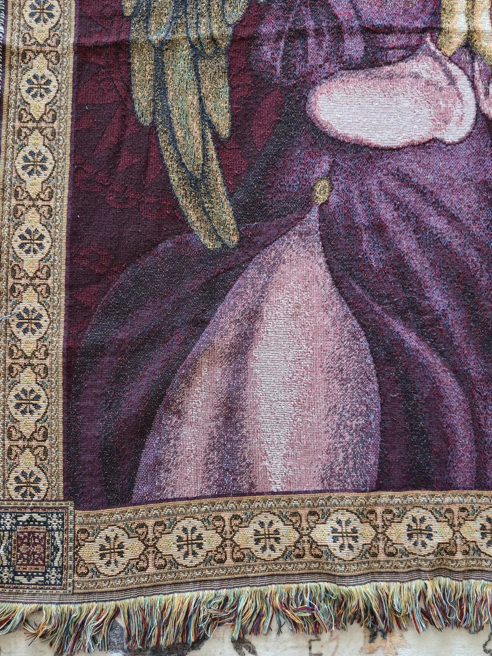 Vintage Praying Angel Tapestry Throw Blanket Wall Hanging Burgundy 45x60